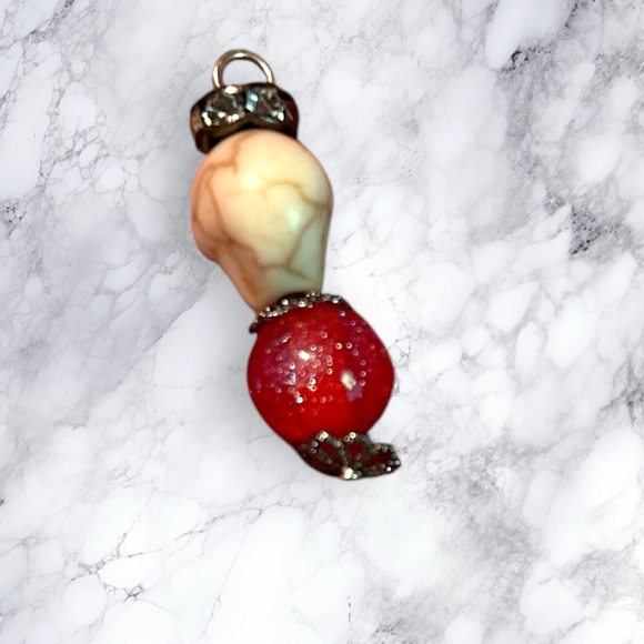 Hand Crafted Earrings Skulls White Red Rhinestones Dangle Long Pierced - Picture 5 of 7